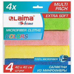 Салфетка из МИКРОФИБРЫ универсальная 40х40 см, КОМПЛЕКТ 4 шт., MULTI PRO COLOUR, 280 г/м2, LAIMA, 607793