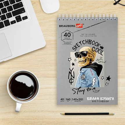 Скетчбук, белая бумага 160 г/м2, 140х201 мм, 40 л., гребень, жесткая подложка, BRAUBERG ART, ассорти, 115071
