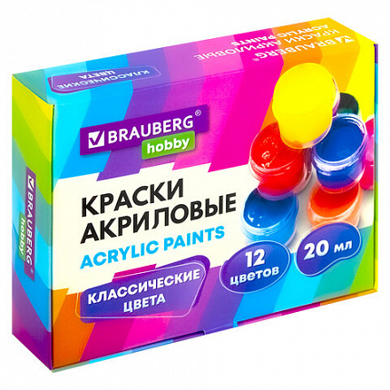 Краски акриловые для рисования и творчества 12 цветов по 20 мл BRAUBERG HOBBY, 192435