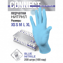 Перчатки нитриловые смотровые 100 пар (200 штук), размер 7-8, М (средний), голубые, CONNECT, CON-N2-INT-02
