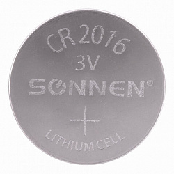 Батарейка литиевая SONNEN Lithium CR2016 "таблетка, дисковая, кнопочная" 1 шт., блистер, 451972
