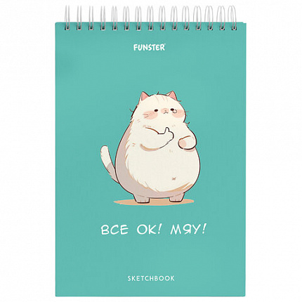 Скетчбук, белая бумага 100 г/м2, 140х201 мм, 60 л., гребень, жёсткая подложка, FUNSTER, Ассорти Funny pets, 116903
