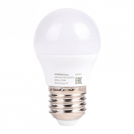 Лампа светодиодная SONNEN EXTRA, 7 (60) Вт, E27, шар, теплый белый, 30000 ч, LED G45-7W-2700-Е27, 457911
