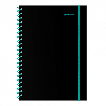 Тетрадь обложка пластик, А4 80л. спираль пластик, резинка, клетка, BRAUBERG, черный/синий, 405381