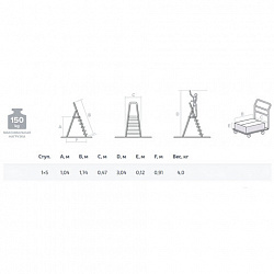 Стремянка алюминиевая 5 ступеней, высота площадки 1,04м, дуга безопасности 0,6м, площадка 26х26см, до 150кг, вес 4кг, НОВАЯ ВЫСОТА, 1110105
