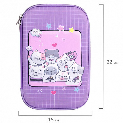 Пенал ЮНЛАНДИЯ большой, 1 отделение, 1 откидная планка, карман, полиэстер/EVA, 22х15х5 см, "Cats selfie", 273193