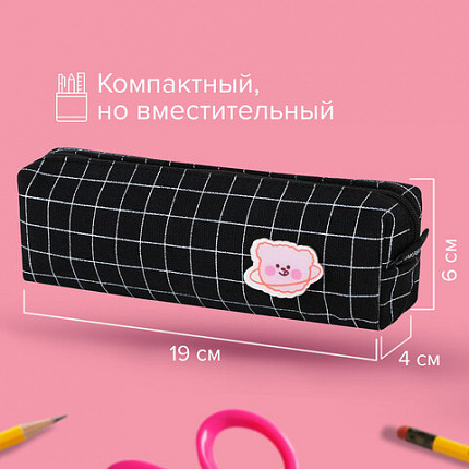 Пенал BRAUBERG, 1 отделение, полиэстер, "Милый мишка", черный, 19х4х6 см, 272303
