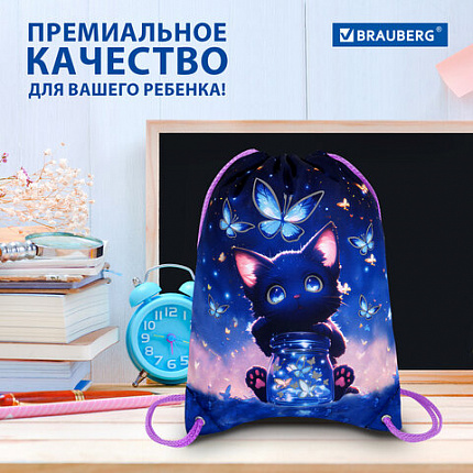 Мешок для обуви BRAUBERG PREMIUM, карман, подкладка, светоотражайка, 43х33 см, "Кот с бабочками", 273442