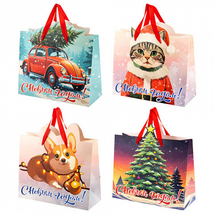 Пакет подарочный (1 шт.) новогодний, 26х13х32 см "Без границ" ассорти, ламинация, ЗОЛОТАЯ СКАЗКА, 592439
