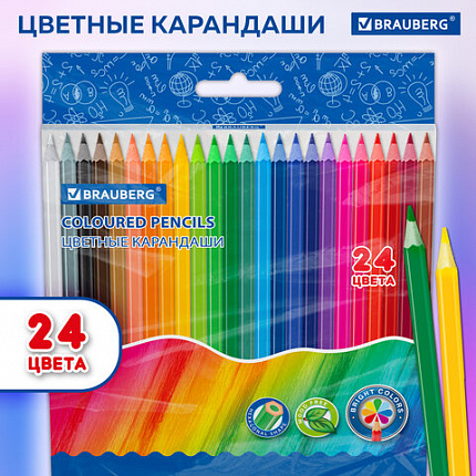 Карандаши цветные BRAUBERG, 24 цвета, цветной корпус, ПВХ бокс, шестигранные, 182068