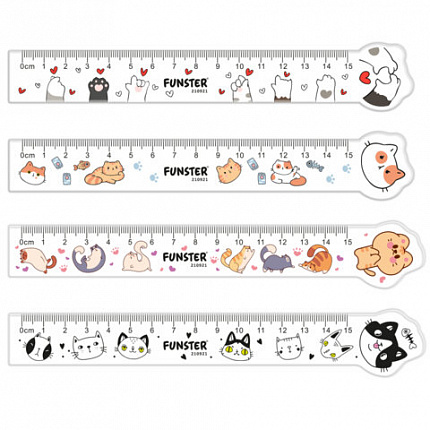 Линейка пластиковая 15 см фигурная, FUNSTER, "КОТЫ", прозрачная, ассорти, европодвес, 210921