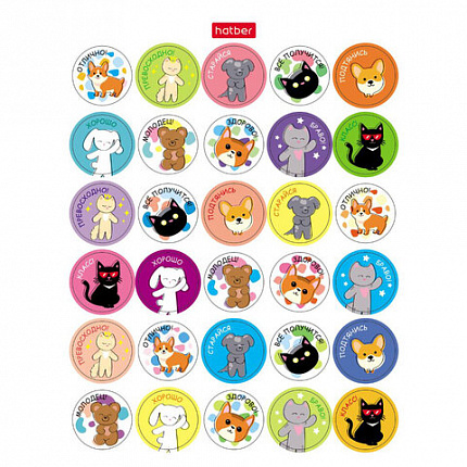 Наклейки бумажные поощрения и оценки, НАБОР 4 листа, 115 наклеек, "Зверушки", HATBER, 4Н6н