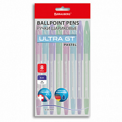 Ручки шариковые с грипом BRAUBERG "ULTRA GT PASTEL", НАБОР 8 ШТУК, СИНИЕ, узел 0,7 мм, линия 0,35 мм, 144532