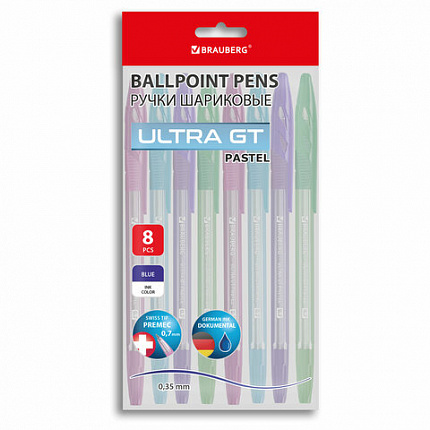 Ручки шариковые с грипом BRAUBERG "ULTRA GT PASTEL", НАБОР 8 ШТУК, СИНИЕ, узел 0,7 мм, линия 0,35 мм, 144532
