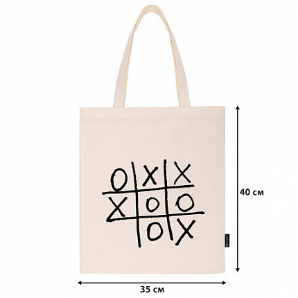 Сумка-шоппер BRAUBERG PREMIUM, канвас, 40х35 см, на кнопке, карман, бежевый, "Tic-tac-toe", 271902