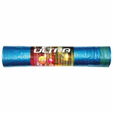 Мешки для мусора 120 л, с завязками, синие, в рулоне 10 шт., ПВД, 30 мкм, 70х110 см, КБ, "Ultra", 1725