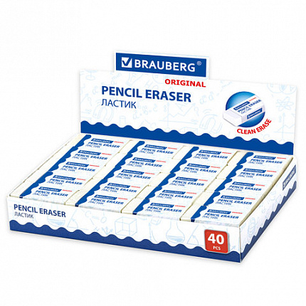 Ластик BRAUBERG "Original", 38х20х10 мм, белый, прямоугольный, картонный держатель, 228073