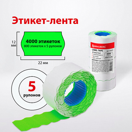 Этикет-лента 22х12 мм, волна, зеленая, комплект 5 рулонов по 800 шт., BRAUBERG, 123575