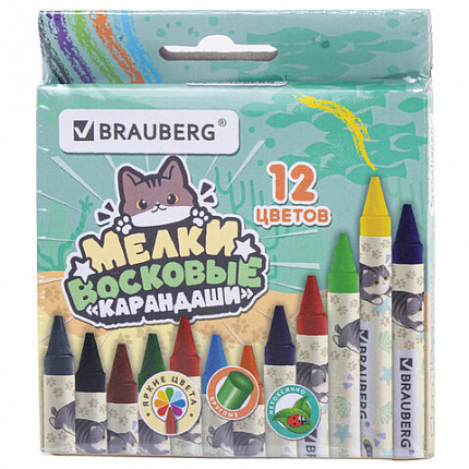 Восковые мелки кросс-серия "МИЛЫЕ КОТЫ", BRAUBERG, НАБОР 12 цветов, 273229
