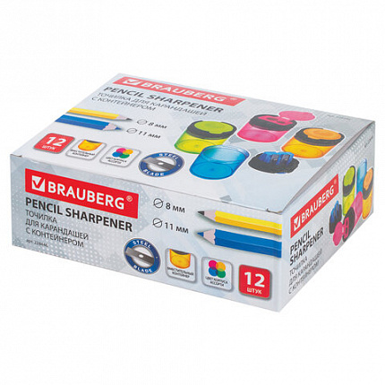 Точилка BRAUBERG "Office Round", 2 отверстия для чернографитных карандашей (в том числе утолщенных), с контейнером, ассорти, 228446