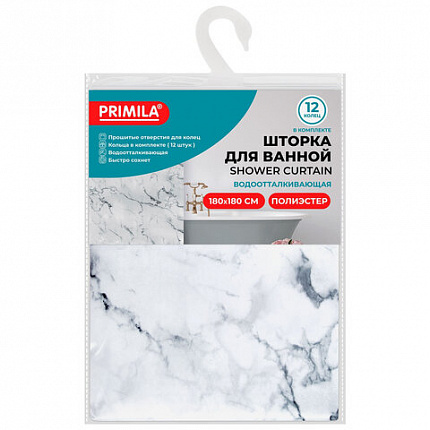 Шторка для ванной ПОЛИЭСТЕР, 180х180 см, кольца в комплекте, БЕЛЫЙ МРАМОР, PRIMILA (ПРИМИЛА), 700079