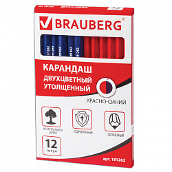 Карандаш двухцветный КРАСНО-СИНИЙ, BRAUBERG, УТОЛЩЕННЫЙ, 1 шт., шестигранный, грифель 4 мм, натуральное дерево, 181262