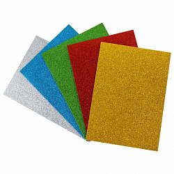 Пористая резина/фоамиран А4, 2 мм, НАБОР, 5 листов, 5 цветов, яркие цвета, блестки, самоклеящаяся, ОСТРОВ СОКРОВИЩ, 660081