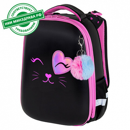 Ранец BRAUBERG SHINY, 2 отделения, с брелком, "Улыбающийся котик", 38х28х14 см, 272040