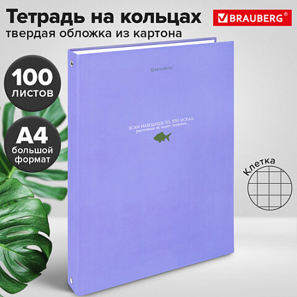 Тетрадь на кольцах БОЛЬШАЯ А4, 220х305 мм, 100 л., твердый картон, клетка, BRAUBERG, "Monocolor", 405409