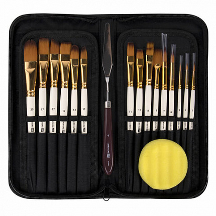 Кисти художественные набор 15 шт + мастихин в пенале, белые, синтетика, BRAUBERG ART