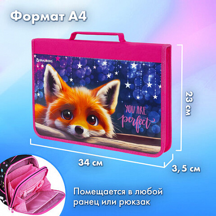 Папка на молнии BRAUBERG А4 с ручкой, с органайзером, 1 отделение, "Милый лисенок", 272217