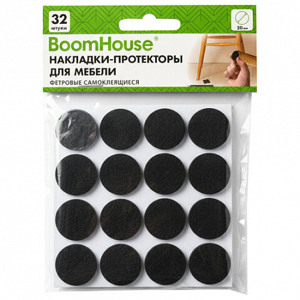 Накладки-протекторы для мебели ФЕТР самоклеящиеся, d=20 мм, черные, КОМПЛЕКТ 32 шт., BoomHouse, 701815