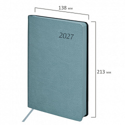 Ежедневник датированный 2027, А5, 138x213 мм, BRAUBERG "Stylish", под кожу, гибкий, серо-голубой, 117975