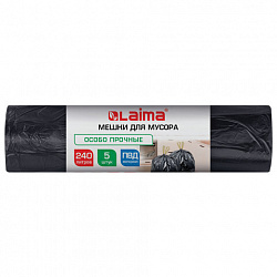 Мешки для мусора с завязками 240л черные в рулоне 5шт особо прочные ПВД 60мкм 110x120, LAIMA, 702686