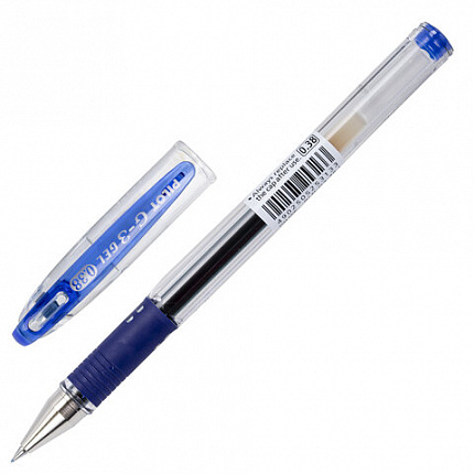 Ручка гелевая PILOT "G-3", корпус прозрачный, узел 0,38 мм, линия 0,2 мм, резиновый упор, синяя, BLN-G3-38 L