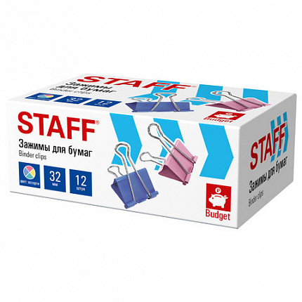 Зажимы для бумаг STAFF ECO, КОМПЛЕКТ 12 шт, 32 мм, на 140 листов, цветные, картонная коробка, 274039