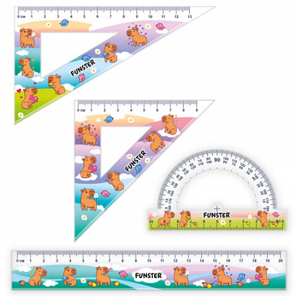 Набор чертежный FUNSTER (линейка 20 см, 2 треугольник, транспортир), "КАПИБАРЫ", пенал, 210913