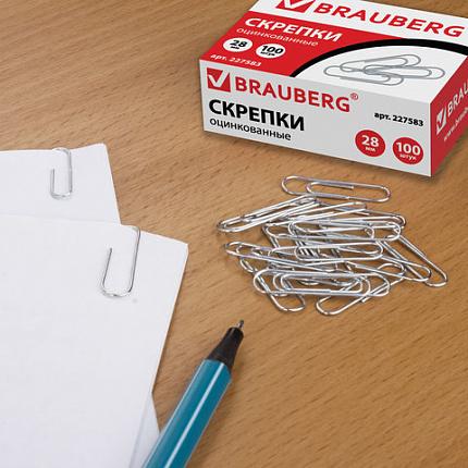 Скрепки BRAUBERG, 28 мм, оцинкованные, 100 шт., в картонной коробке, 227583