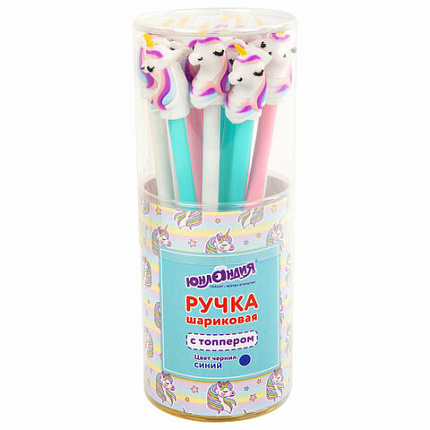 Ручка с топпером шариковая ЮНЛАНДИЯ "Единорожка", корпус ассорти, СИНЯЯ, пишущий узел 0,7 мм, 143806