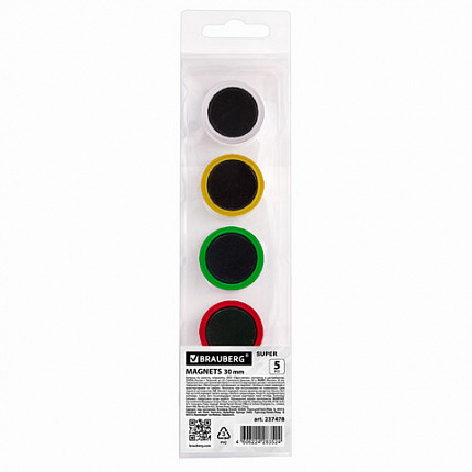 Магниты МОЩНЫЕ 30 мм, НАБОР 5 шт., ассорти, BRAUBERG "SUPER", 237478