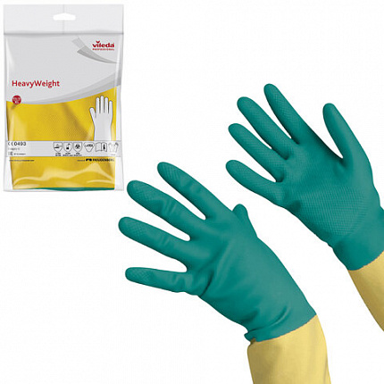 Перчатки VILEDA PROFESSIONAL латекс-неопреновые МНОГОРАЗОВЫЕ х/б напыление СВЕРХПРОЧНЫЕ, размер XL (очень большой) зеленые/желтые, 174309