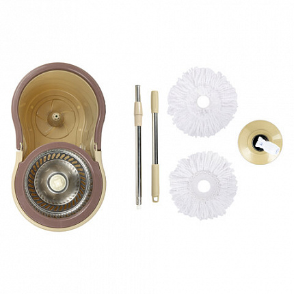 Швабра с отжимом и ведром 7л/5л, отжим центрифуга / рукоятка, 2 круглые насадки, крепление кольцо, бежевый, LAIMA, 607488