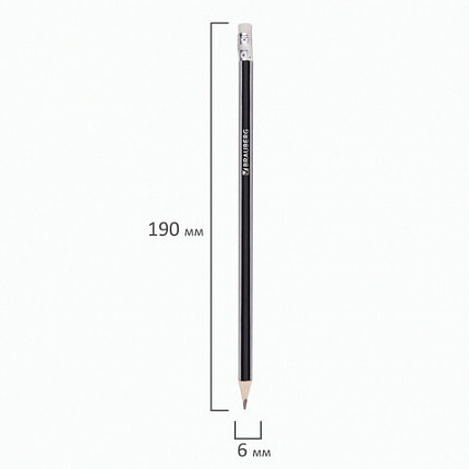 Карандаш чернографитный BRAUBERG, 1 шт., "Alderida", НВ, трехгранный, с ластиком, корпус черный, заточенный, 180610