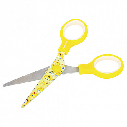 Ножницы 130 мм с цветной печатью "Смайлики", жёлто-белые, закругленные, BRAUBERG KIDS, 232274
