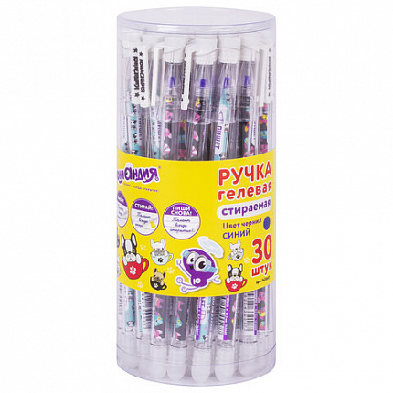 Ручка стираемая гелевая ЮНЛАНДИЯ "Щенята", СИНЯЯ, корпус ассорти, узел 0,5 мм, линия письма 0,35 мм, 143660