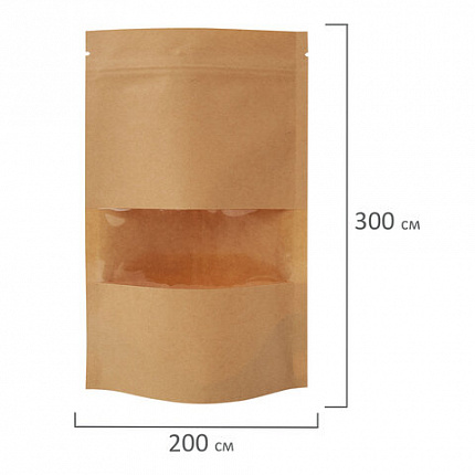 Пакеты дой-пак с замком ZIP LOCK, крафт с окном 60 мм, 200х300 + 50 мм, КОМПЛЕКТ 100 штук, 150 мкм, BRAUBERG, 700694