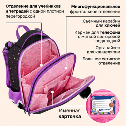 Ранец BRAUBERG ORIGINAL, 2 отделения, с брелоком, "Космический кот", 38х29х16 см, 274403