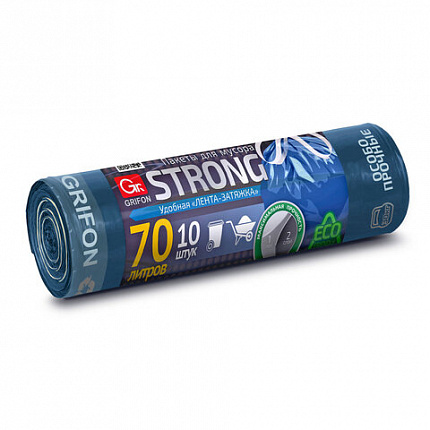 Мешки для мусора 70 л, синие, с ЗАВЯЗКАМИ, в рулоне 10 шт., ПВД, 60х78 см, 20 мкм, GRIFON, 101-184