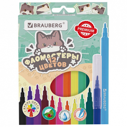 Фломастеры кросс-серия МИЛЫЕ КОТЫ, 12 цветов, вентилируемый колпачок, картонная коробка с европодвесом, BRAUBERG, 152620