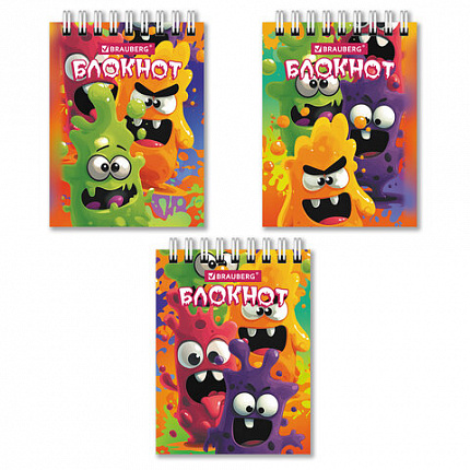 Блокнот МАЛЫЙ ФОРМАТ А7, 75х105 мм, 40 л., гребень, клетка, кросс-серия "МОНСТРИКИ", BRAUBERG, 116998